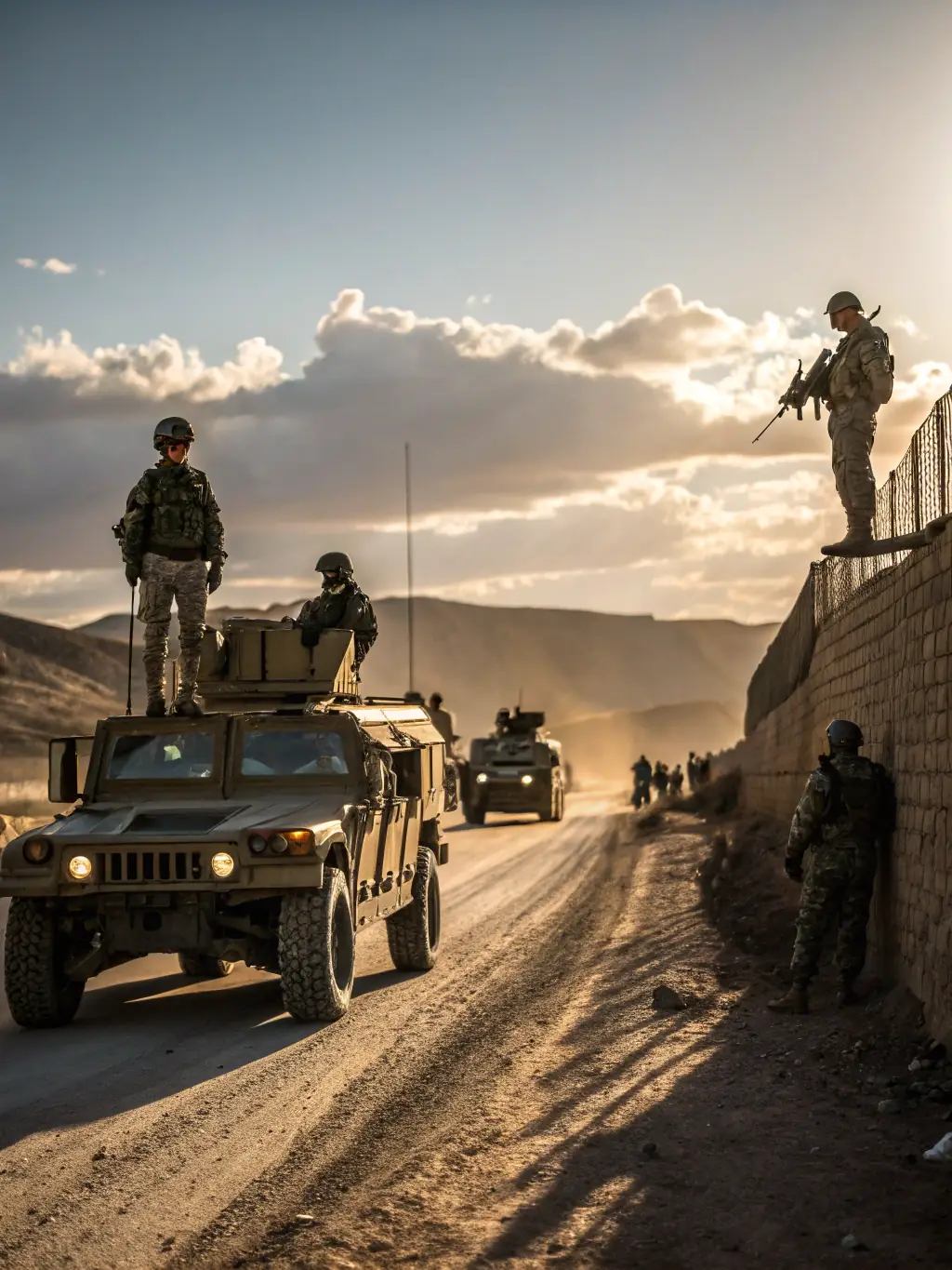 A military base with soldiers and equipment, illustrating Mulah's funding for defense contractors.