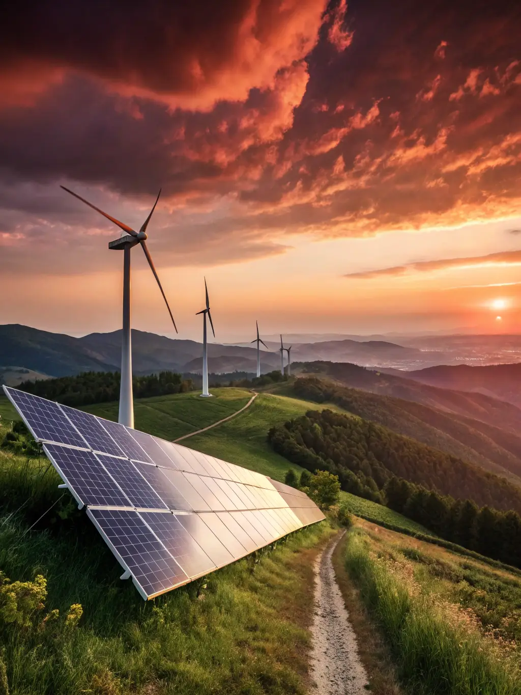 A professional photograph of a wind turbine farm at sunset, symbolizing renewable energy and sustainable growth, used to illustrate the benefit of supporting green energy initiatives.