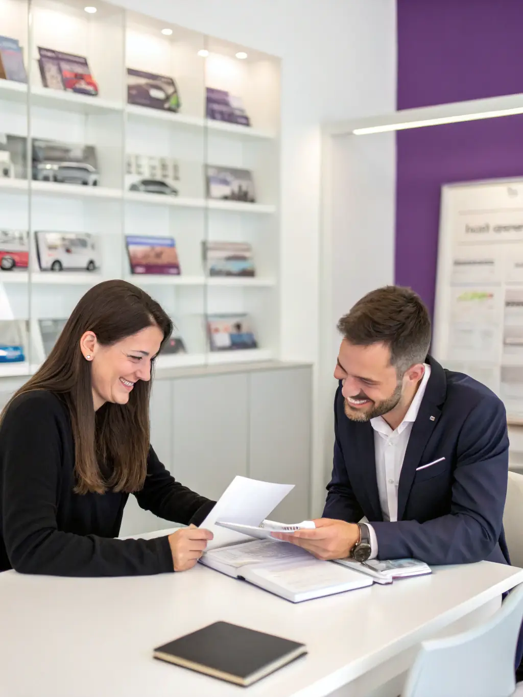 A car dealership's finance office with a dealer assisting a customer with paperwork, representing funding for customer financing.