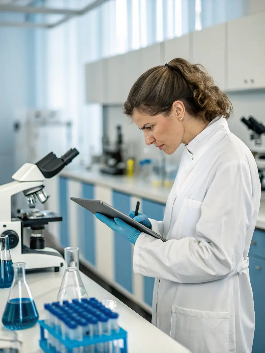 A scientist in a lab coat smiling while looking at data on a computer screen, representing the benefit of improved research capabilities through funding.