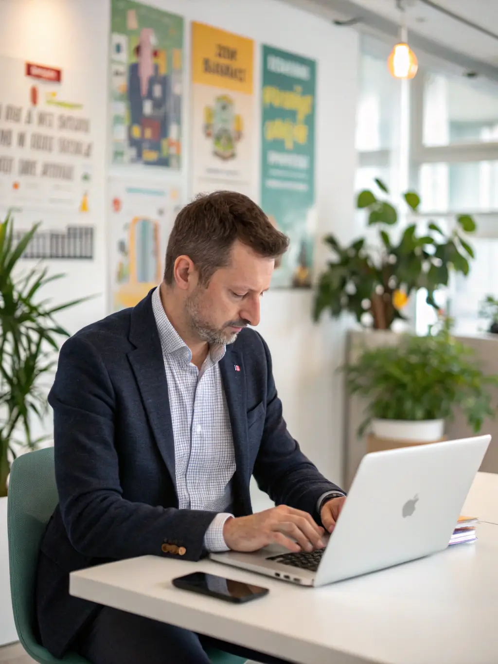 A professional businessman in a suit confidently submitting a funding application online via a laptop, showcasing the ease of the initial step.