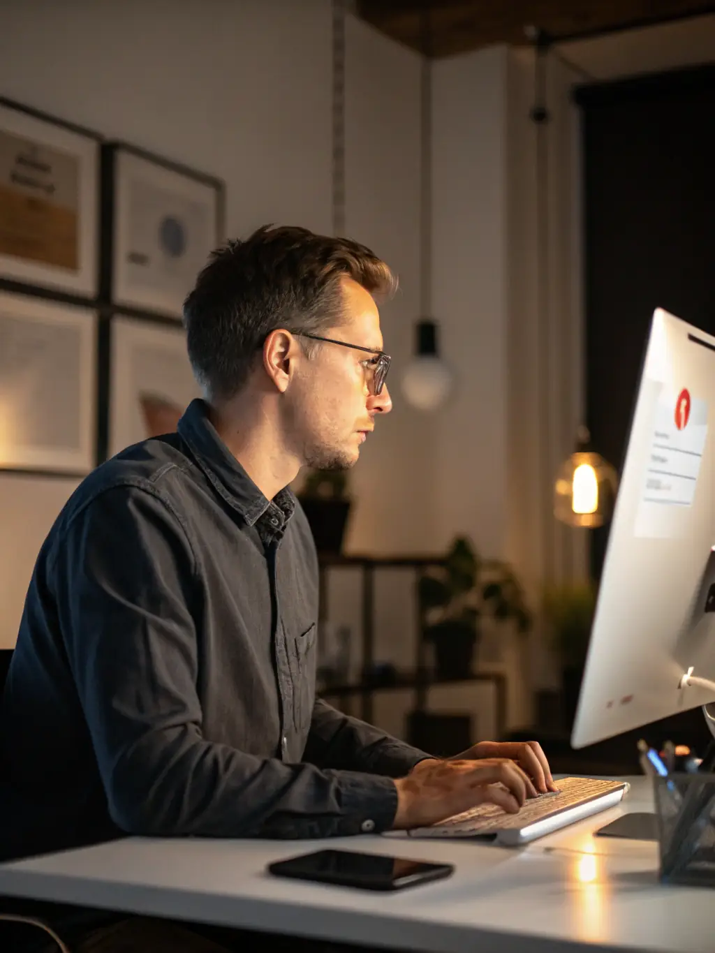 A consultant working late at night, illuminated by the glow of a laptop screen, showcasing dedication and long hours.