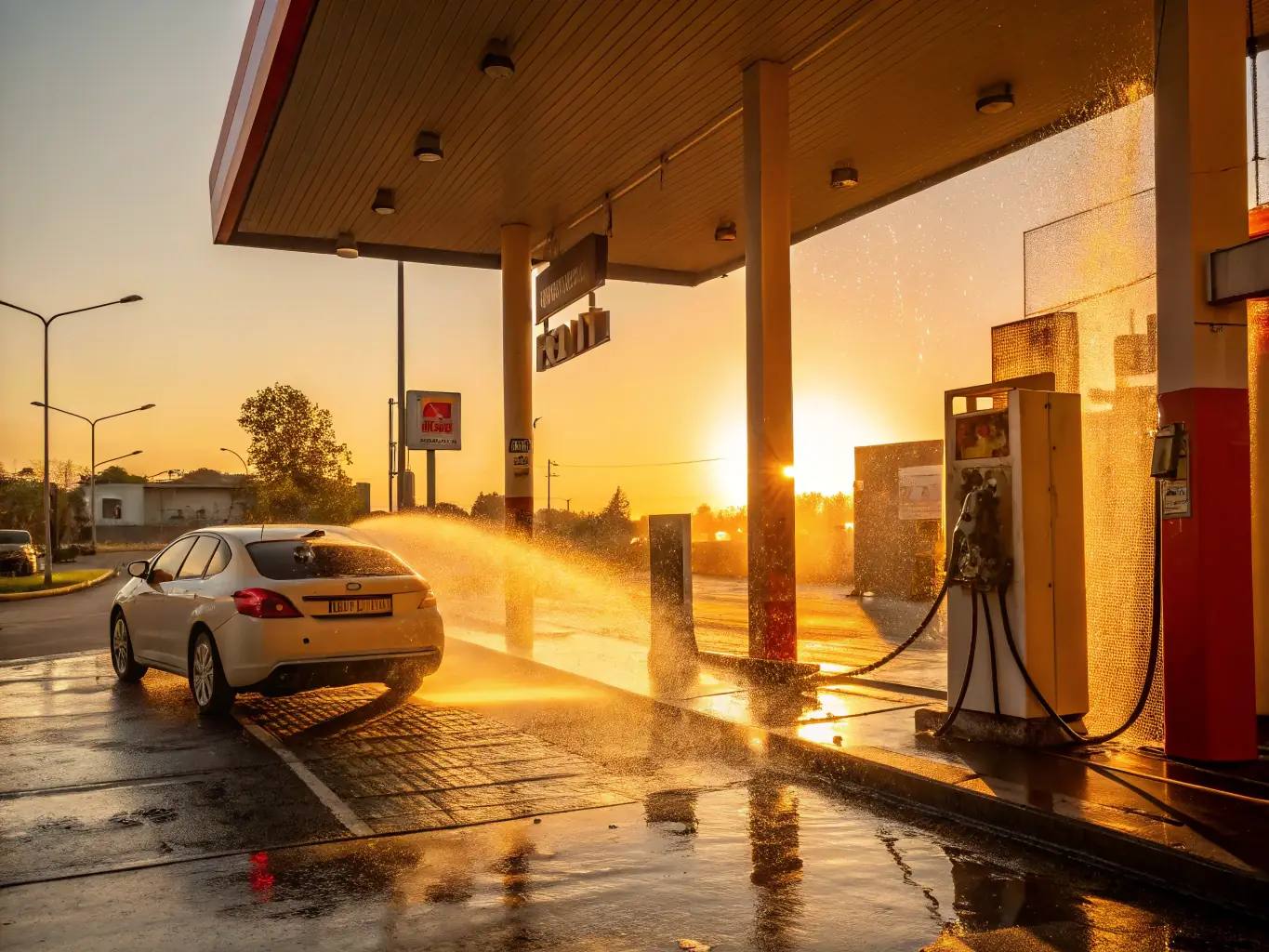 A modern gas station with multiple fuel pumps and a convenience store, showcasing a busy and thriving business environment, symbolizing growth and success.