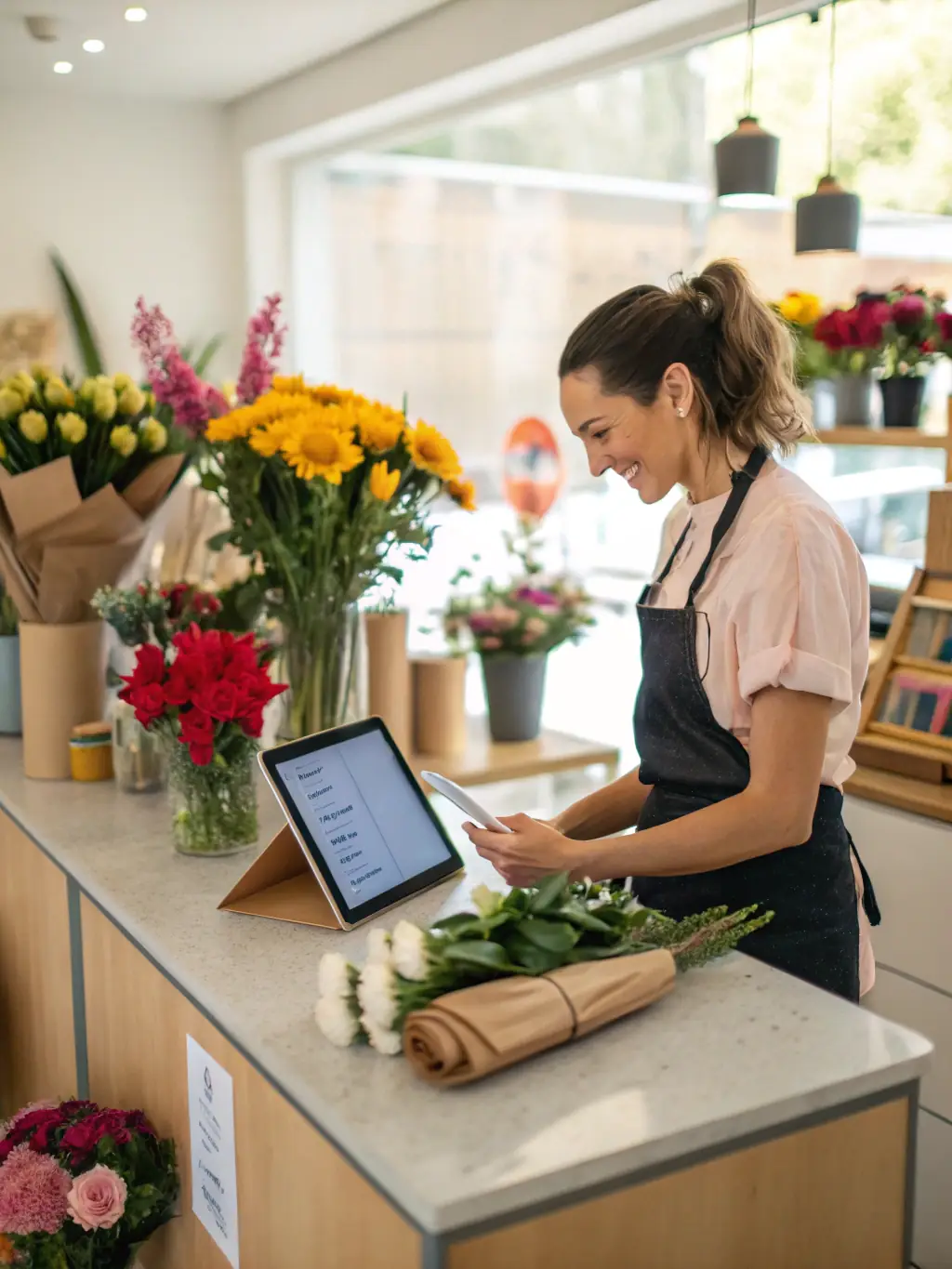 A florist using a tablet to manage online orders and track inventory in a modern, well-organized flower shop, showcasing the integration of technology in the business.