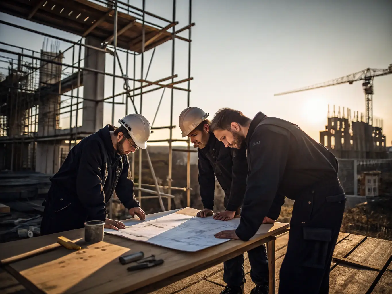 An image of a diverse group of electricians reviewing blueprints on a construction site, representing the collaborative and dynamic nature of electrical projects.