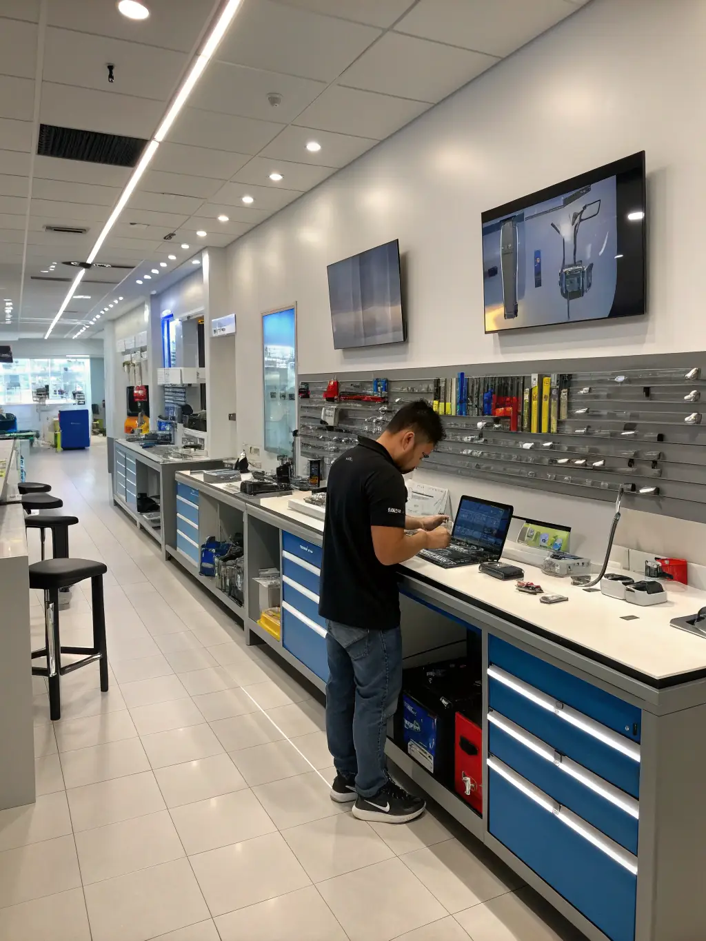 A sleek, modern cell phone store interior with a variety of devices on display, showcasing a well-stocked inventory and a welcoming atmosphere for customers.