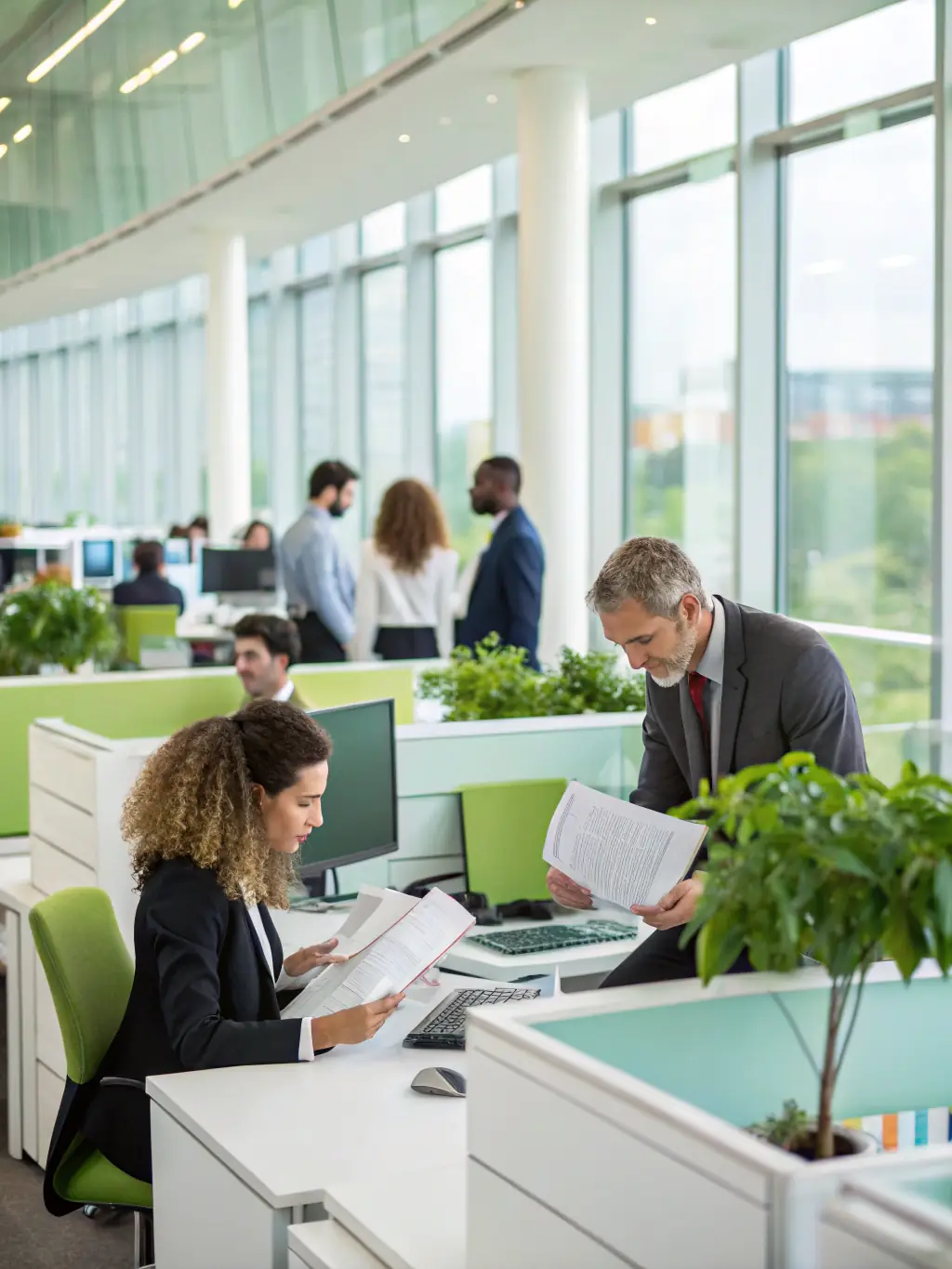 A vibrant insurance agency office with employees collaborating, representing expansion and growth opportunities through strategic funding.