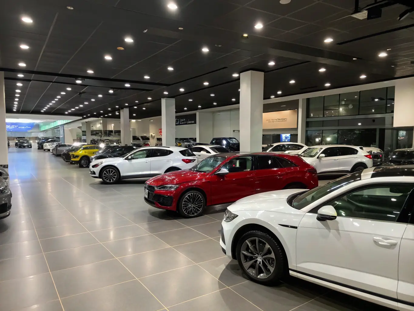 A modern car dealership showroom with a variety of new vehicles on display, representing inventory and sales opportunities.