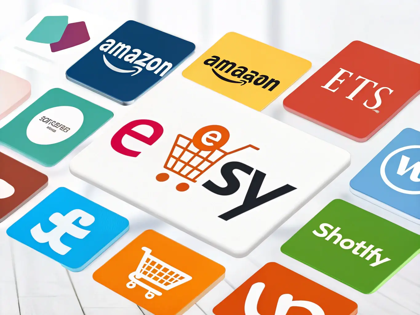 A visually appealing image of various e-commerce platform logos (Amazon, Shopify, Etsy, etc.) arranged in a circle, representing OnDeckClone's support for diverse online sellers.