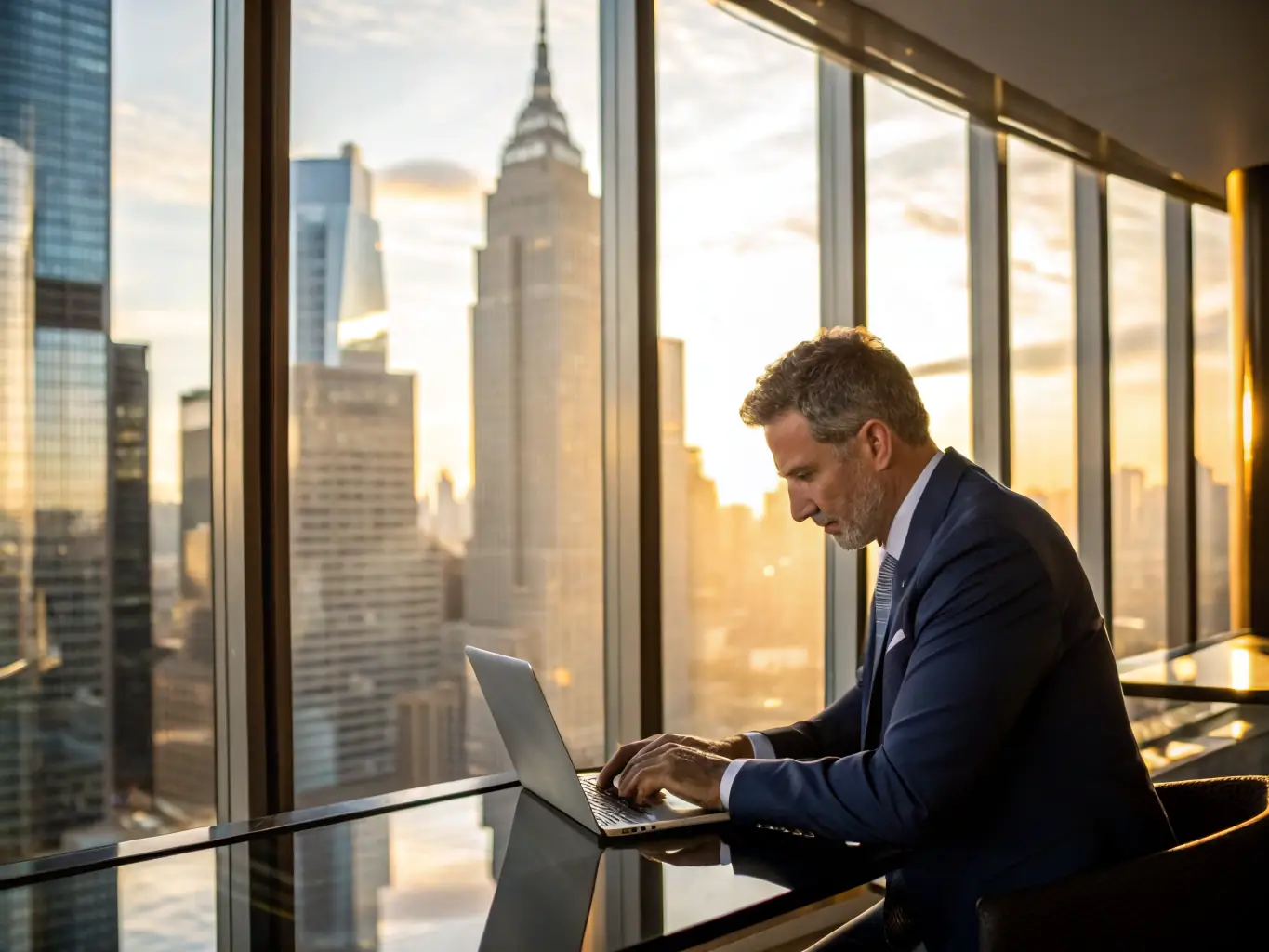 A professional businessman confidently reviewing financial documents in a modern office setting, symbolizing Mulah's commitment to supporting business growth.