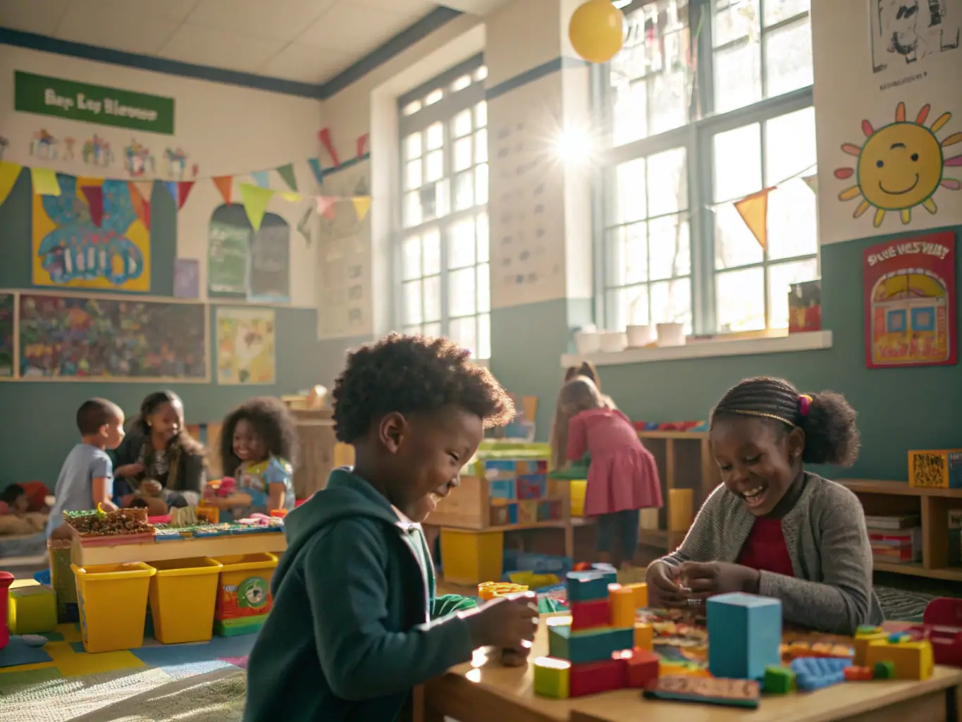 A bright and spacious day care center classroom filled with children engaging in various activities, showcasing a thriving and well-equipped learning environment.