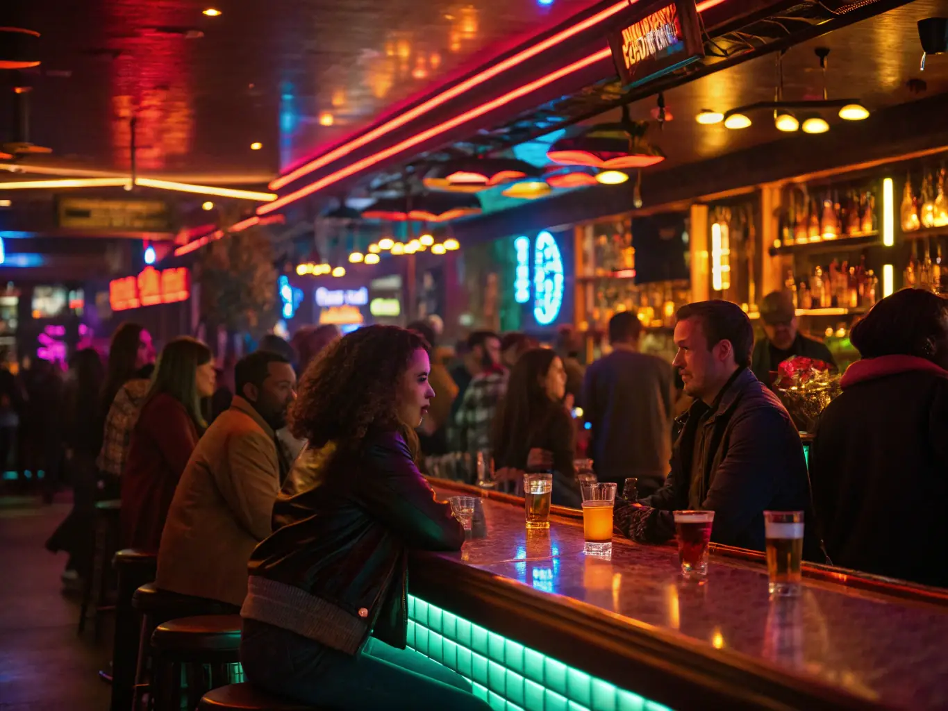 A vibrant photograph of a bustling bar scene at night, showcasing happy customers and a well-stocked bar, symbolizing the success that funding can help achieve.