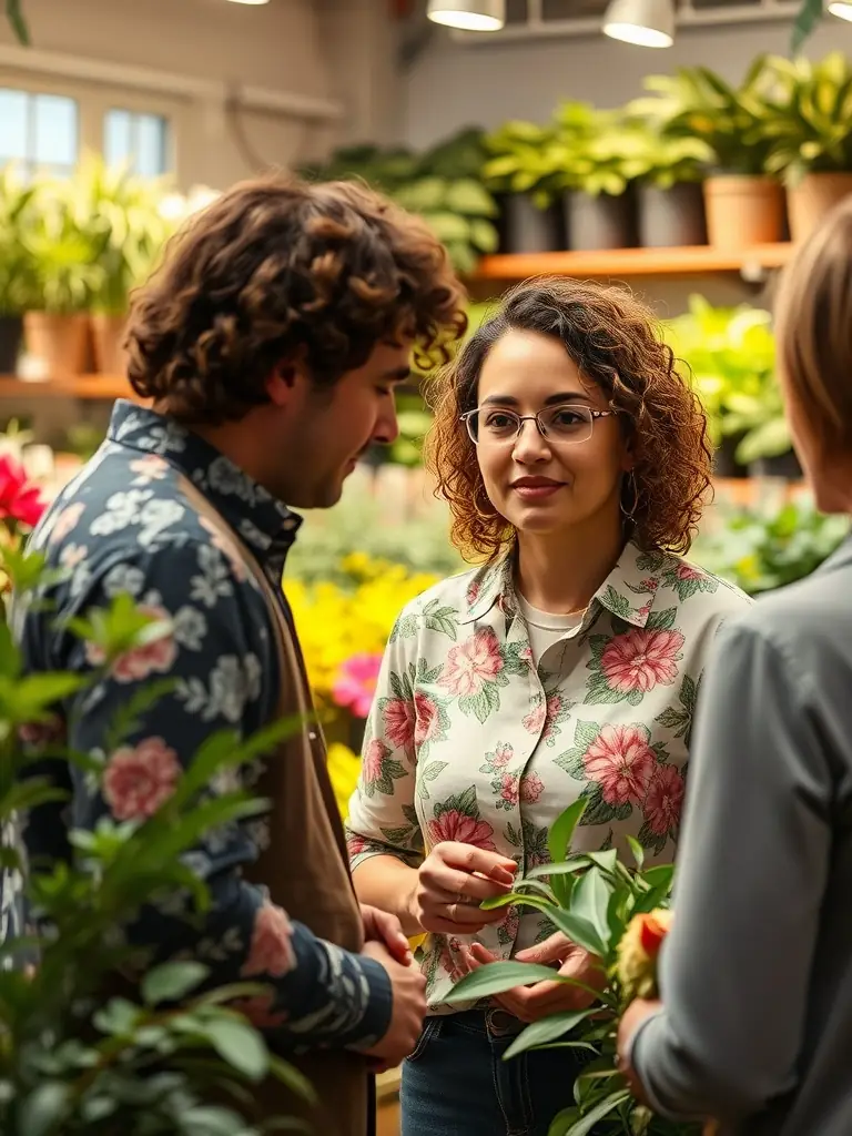 A florist smiling and interacting with a customer, surrounded by a beautifully decorated shop, highlighting the improved customer experience through Mulah's funding.