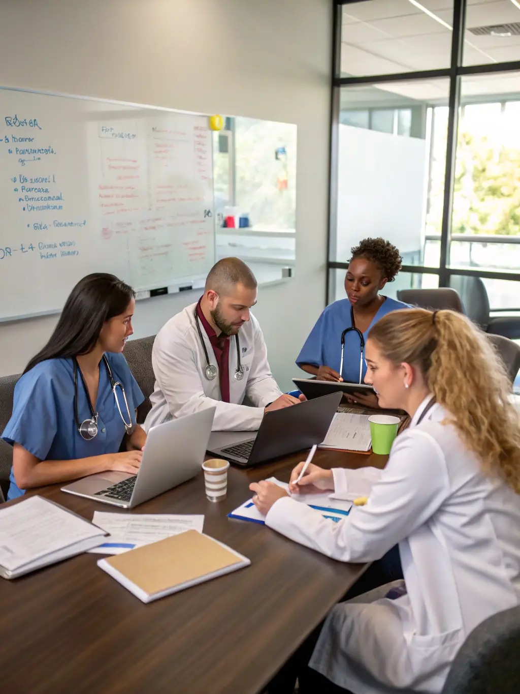 A diverse team of healthcare professionals collaborating in a modern office space, emphasizing the importance of skilled staff, suitable for illustrating staffing solutions.