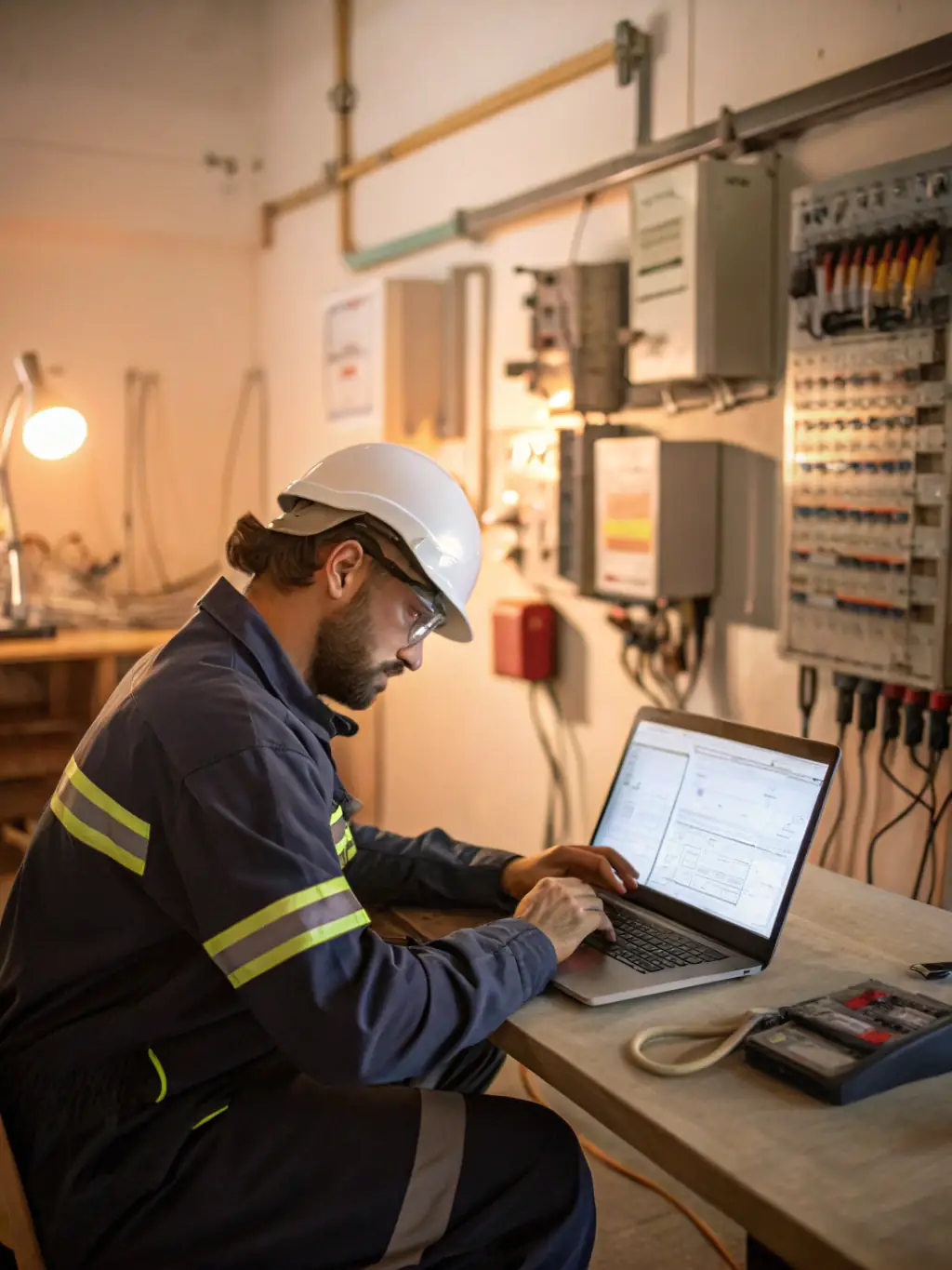 An electrician efficiently managing invoices and financial records on a laptop in a well-organized office, representing the importance of working capital.