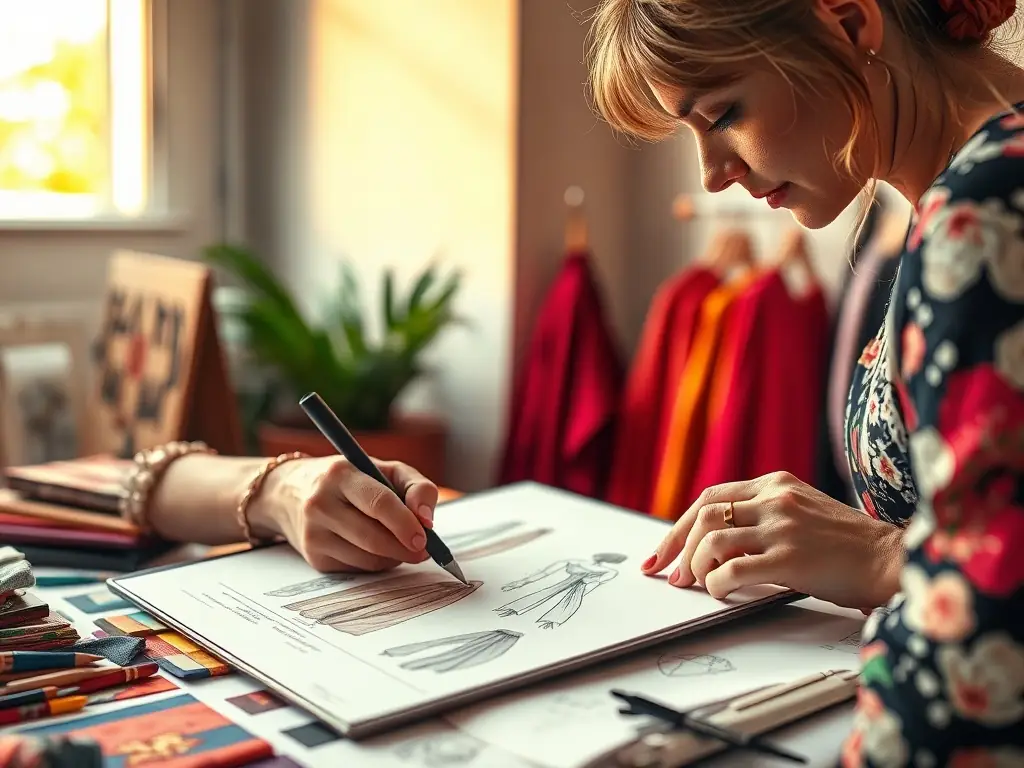 A close-up shot of a designer's hands sketching a new apparel design, with various tools and materials scattered around, symbolizing the creative process and the need for funding in the fashion industry.