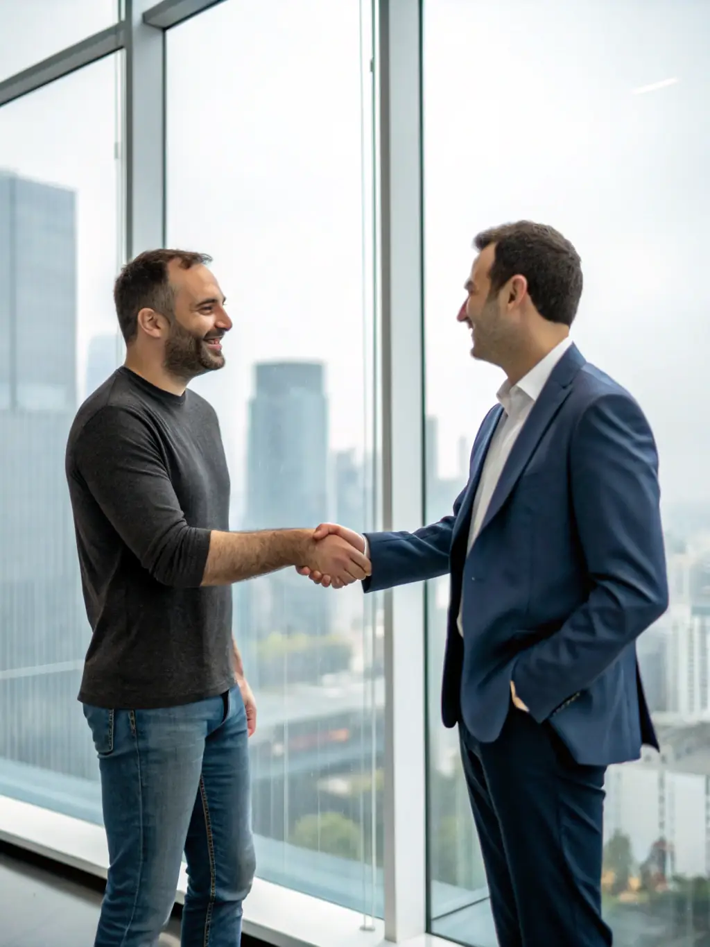 A picture of a successful environmental entrepreneur shaking hands with a Mulah representative, symbolizing a strong partnership and mutual commitment to growth.