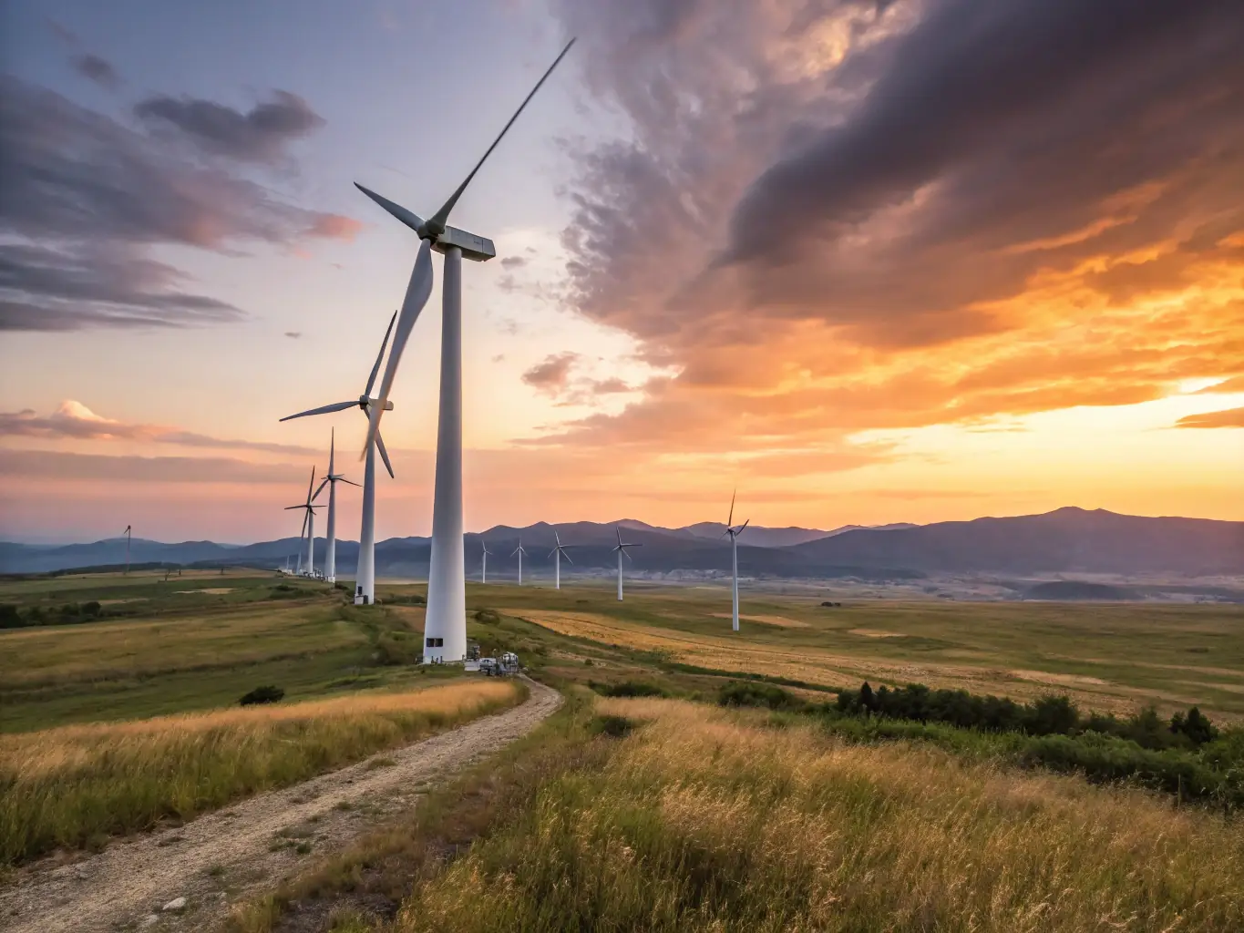 A modern wind turbine farm at sunset, symbolizing renewable energy and sustainable business practices, with a focus on innovation and environmental responsibility.