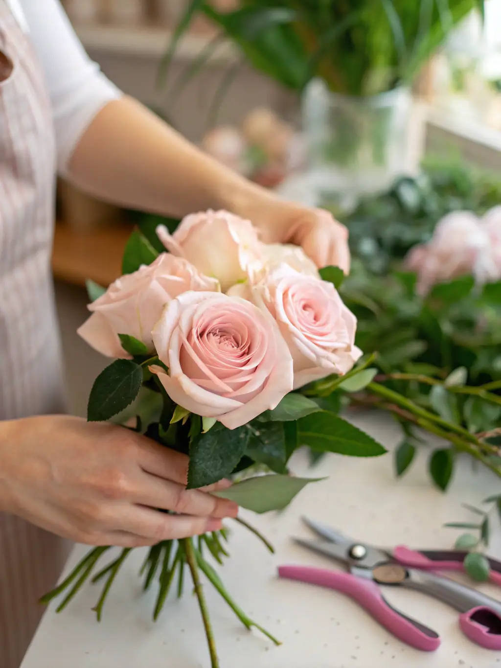 A close-up shot of a florist's hands carefully wrapping a delicate flower arrangement, highlighting the attention to detail and craftsmanship involved.