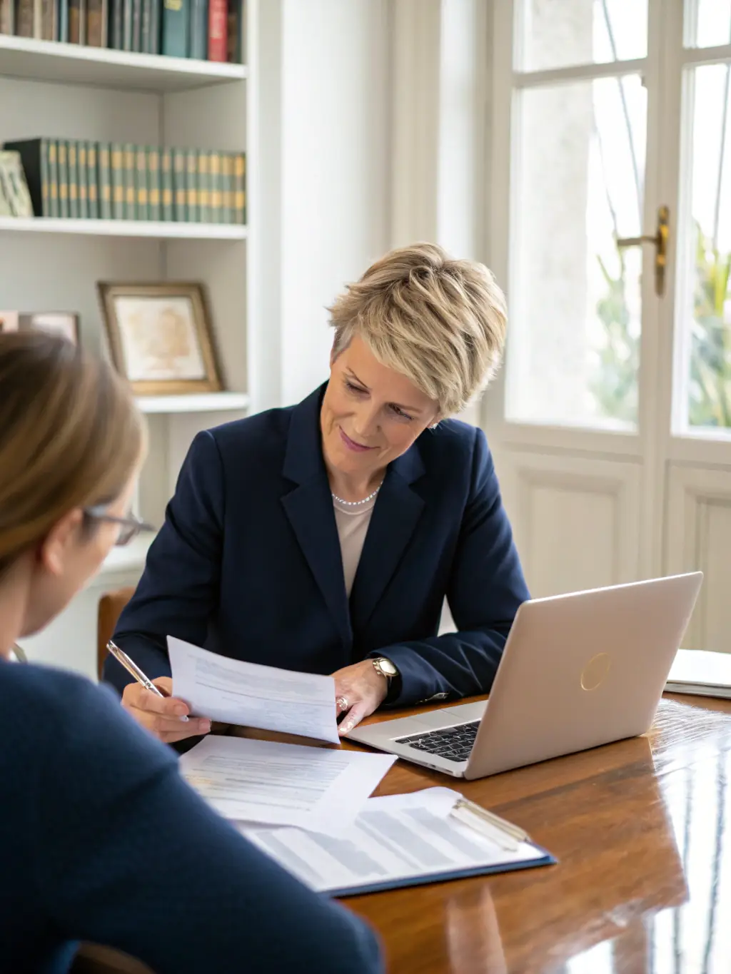 A professional photo of a financial advisor meeting with a client in a modern office setting, emphasizing trust and collaboration.