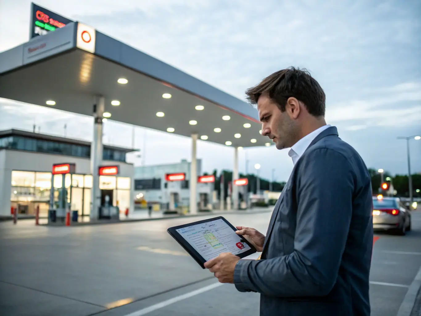A gas station owner confidently reviewing financial reports on a tablet, illustrating the ease of managing finances with Mulah's support.