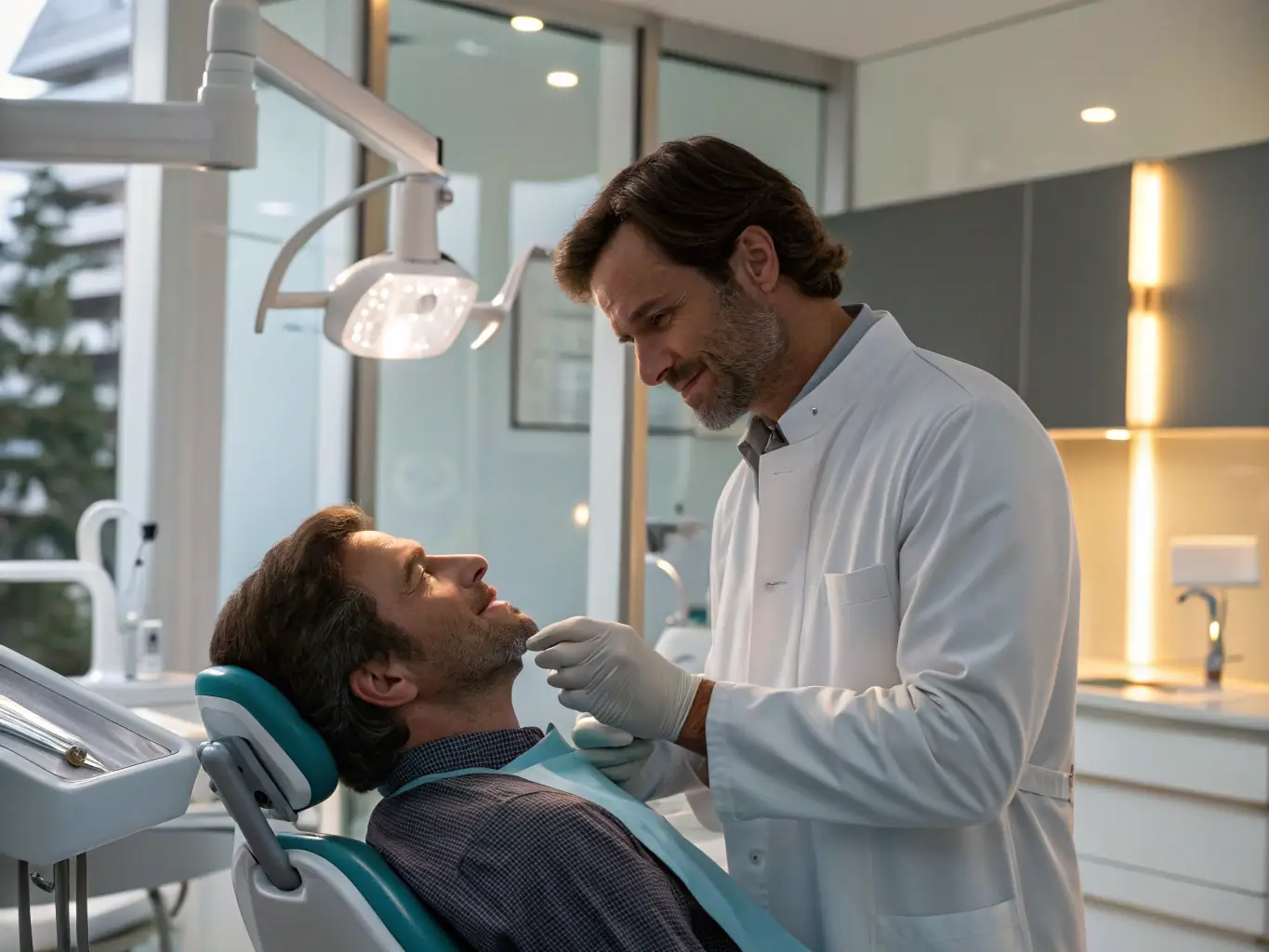 A dentist smiling and confidently shaking hands with a Mulah representative in a modern dental office, symbolizing trust and partnership.