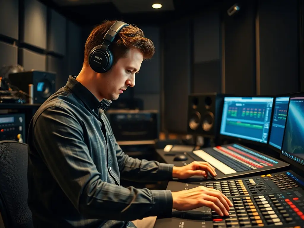 A professional image of a sound engineer working in a state-of-the-art recording studio, highlighting OnDeckClone's support for technological advancement and innovation in the entertainment industry.