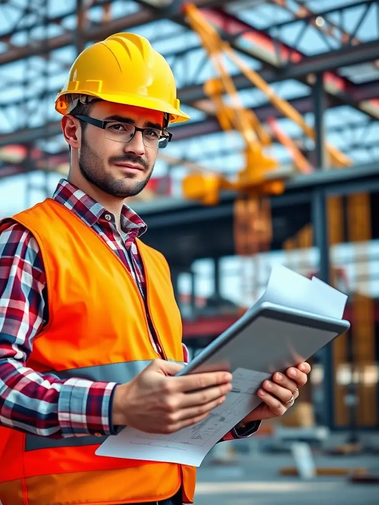 A high-angle shot of an electrician reviewing blueprints on a digital tablet at a construction site, bathed in natural light, symbolizing project planning and funding needs.