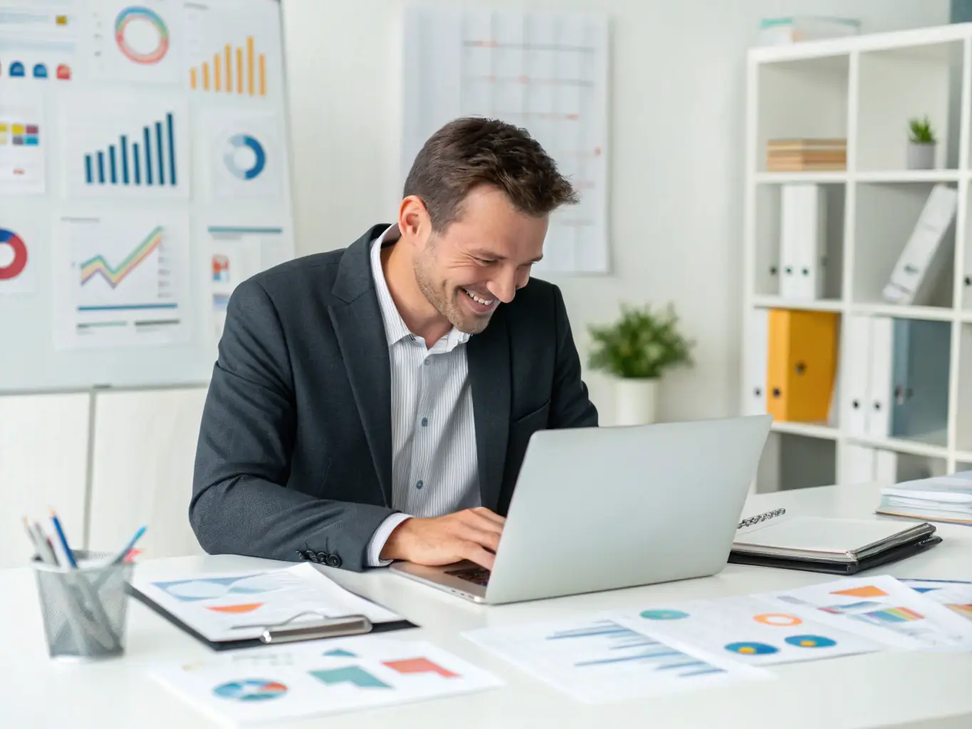 A day care owner smiling confidently while reviewing financial documents, symbolizing the ease and efficiency of managing finances with Mulah's funding.