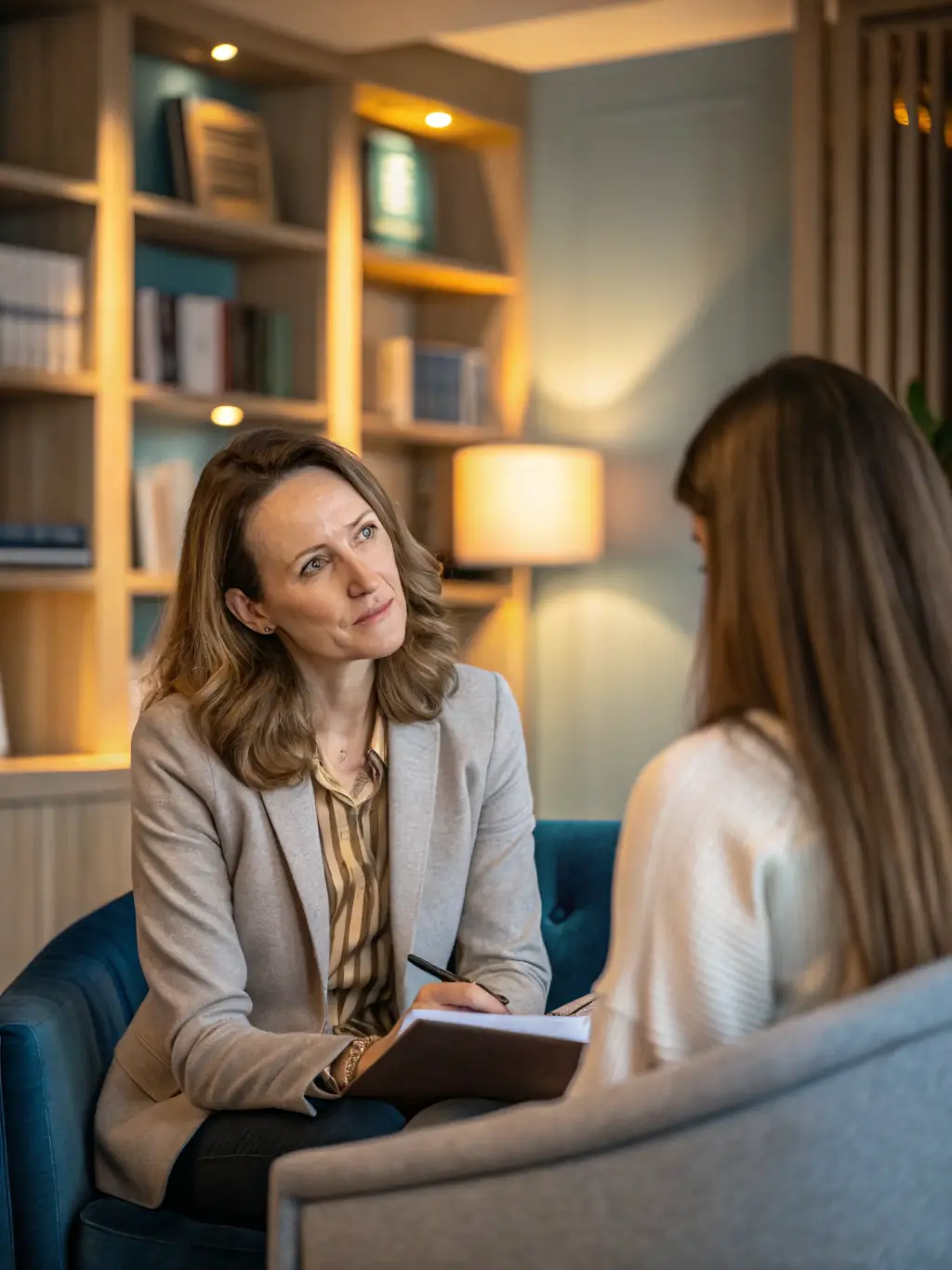 A florist consulting with a financial advisor in a professional setting, discussing funding options and financial planning for their flower shop.