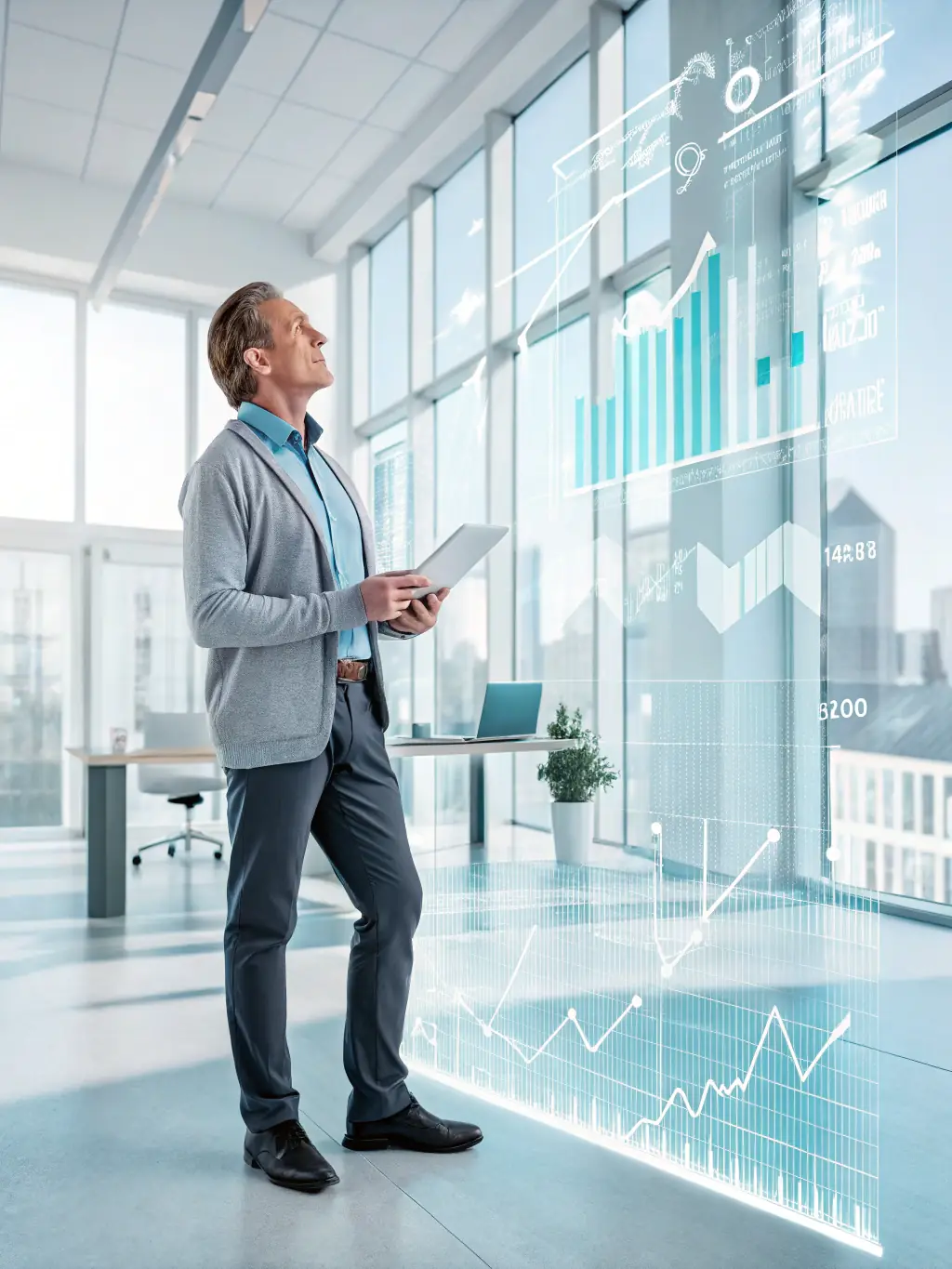 An HVAC business owner reviewing flexible funding terms on a tablet, with a calculator and financial documents nearby, illustrating the adaptability of Mulah's offerings.