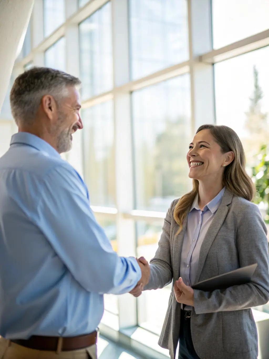 A picture of an electronics store owner confidently shaking hands with a Mulah representative, symbolizing a strong partnership and business growth.