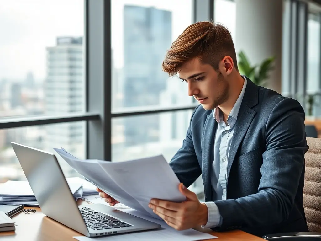 A professional businessman confidently reviewing export documents in a modern office setting, symbolizing Mulah's expertise in export funding.