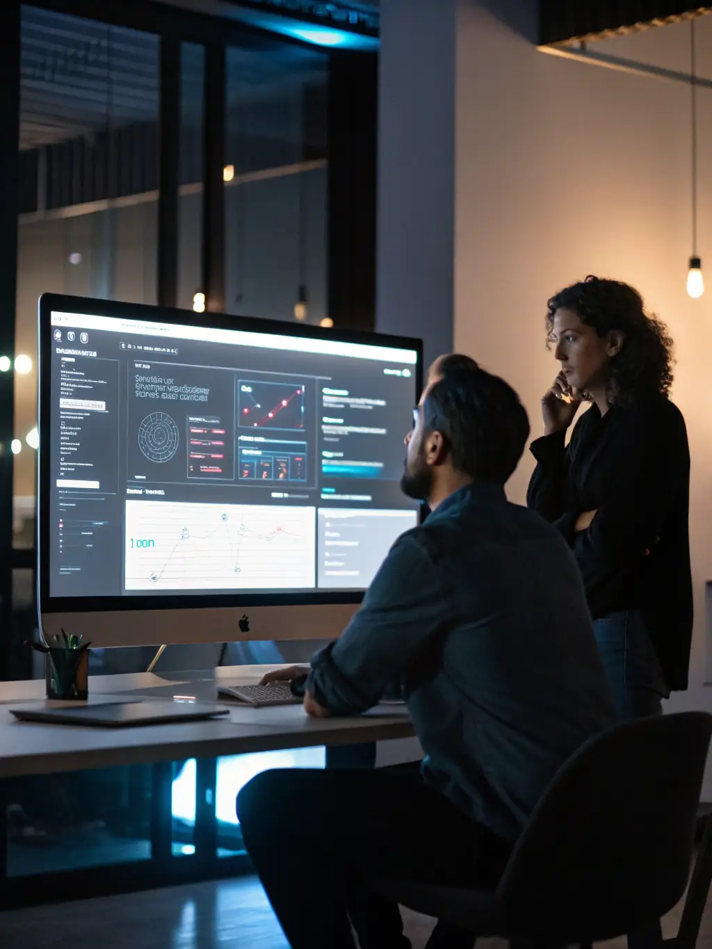 A designer presenting a successful project to a client, emphasizing the enhanced project capabilities made possible by Mulah.