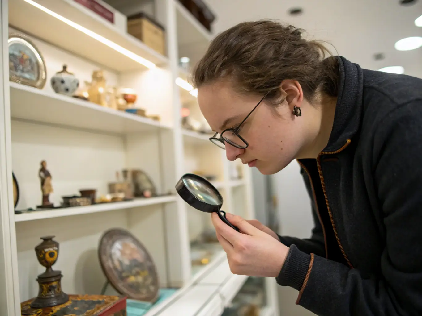 A professional coin dealer carefully examining a rare coin under a magnifying glass in a well-lit shop, showcasing expertise and attention to detail.