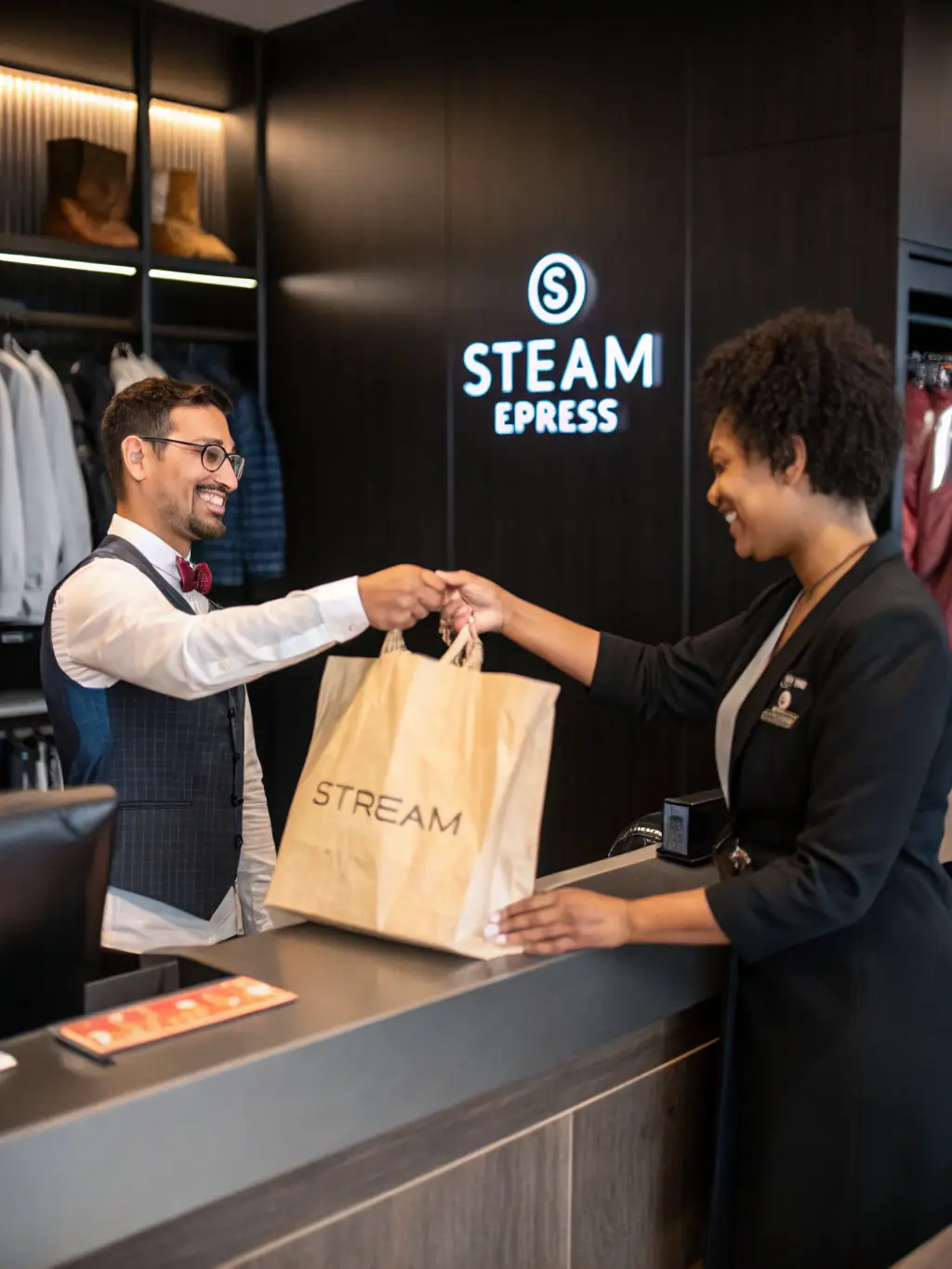 A photo of a dry cleaning storefront with a line of happy customers, showcasing business growth and customer satisfaction.