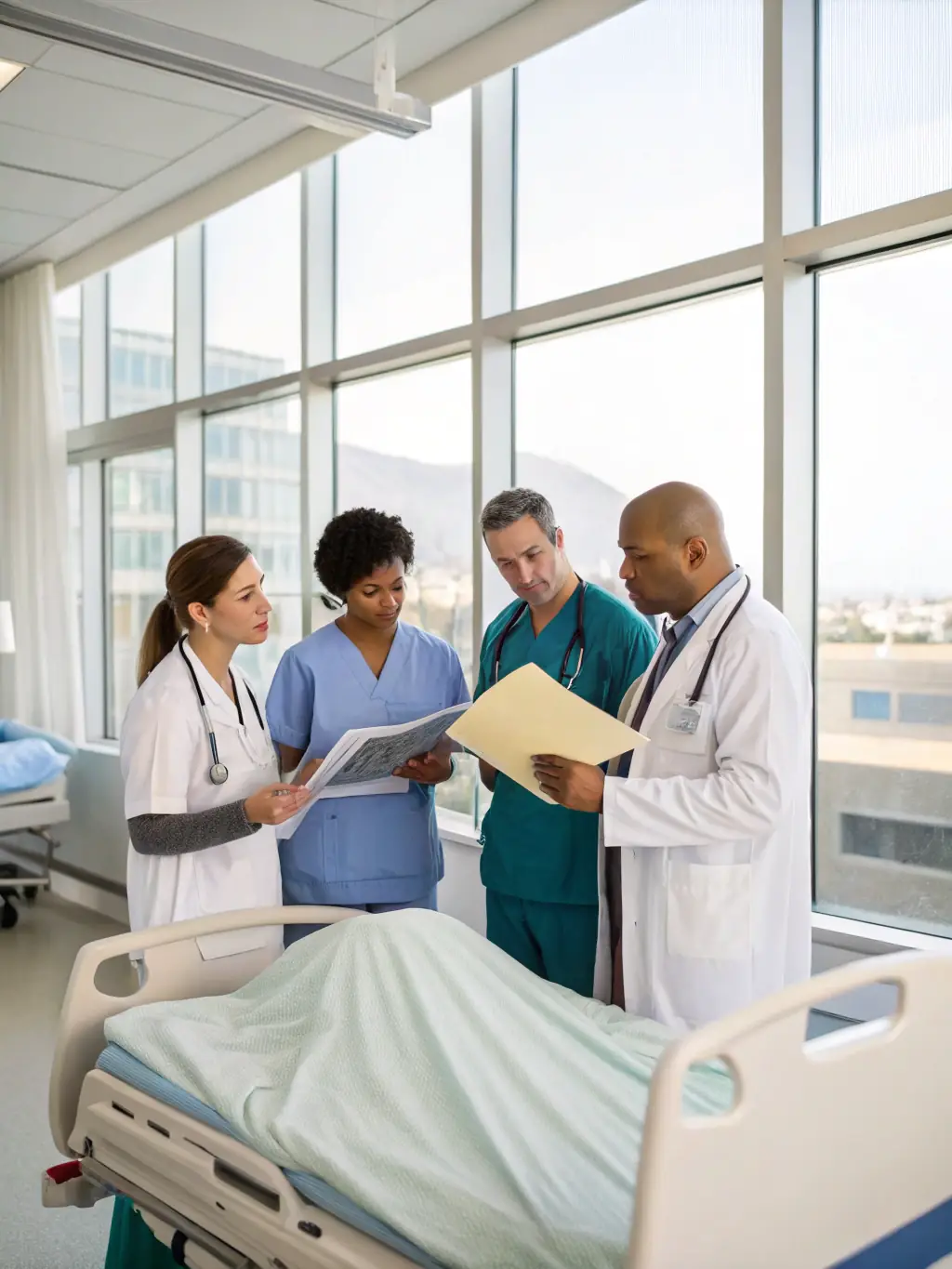 A diverse team of home healthcare professionals collaborating on patient care plans, emphasizing the importance of skilled staff.