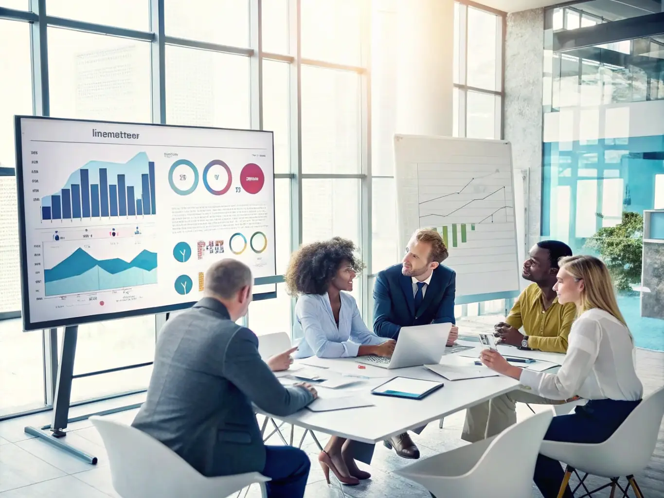 A diverse team of financial experts collaborating on a funding strategy, showcasing Mulah's commitment to personalized service.