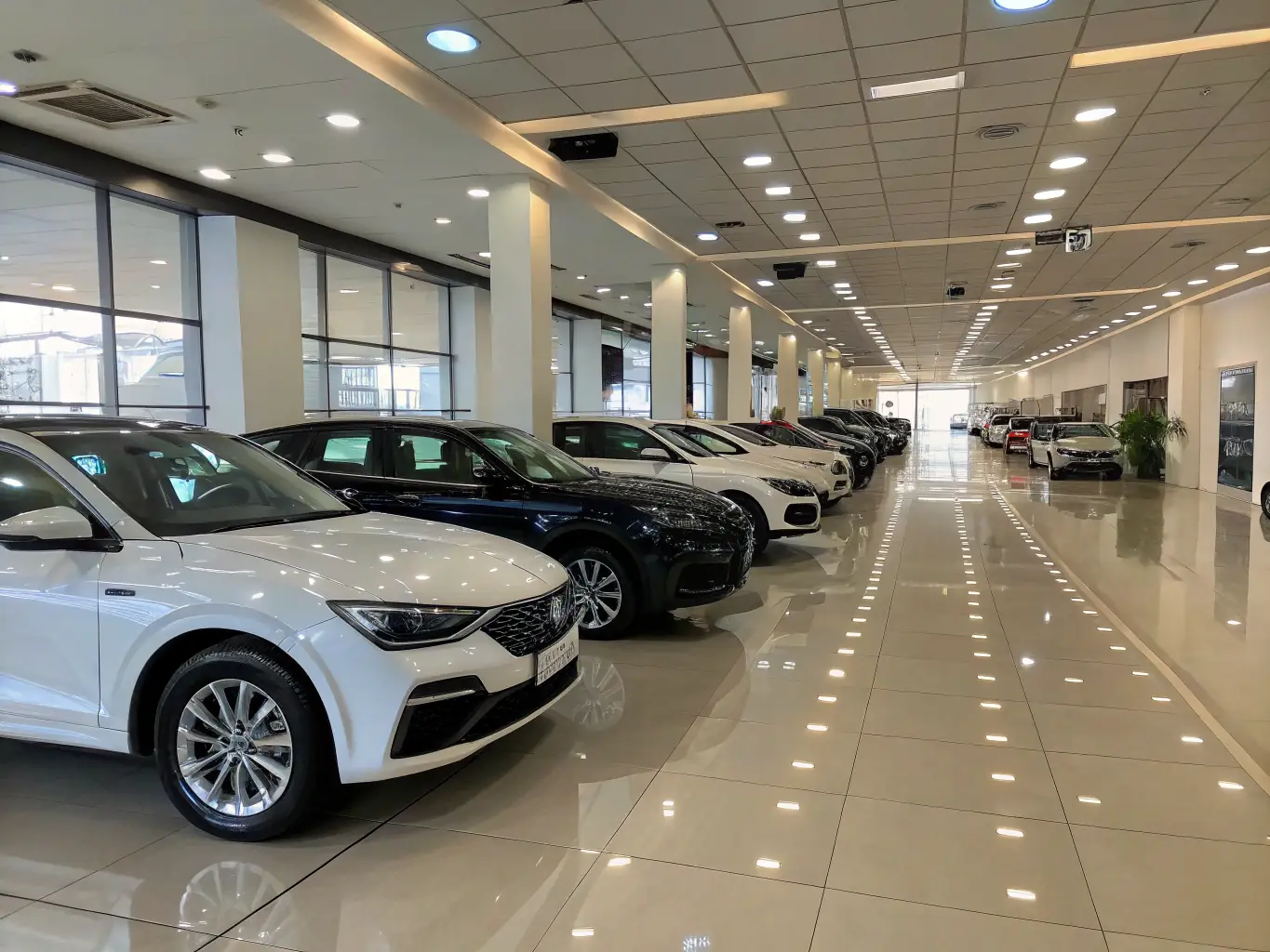 A modern dealership showroom with several cars on display, representing growth and success achieved through Mulah's funding.