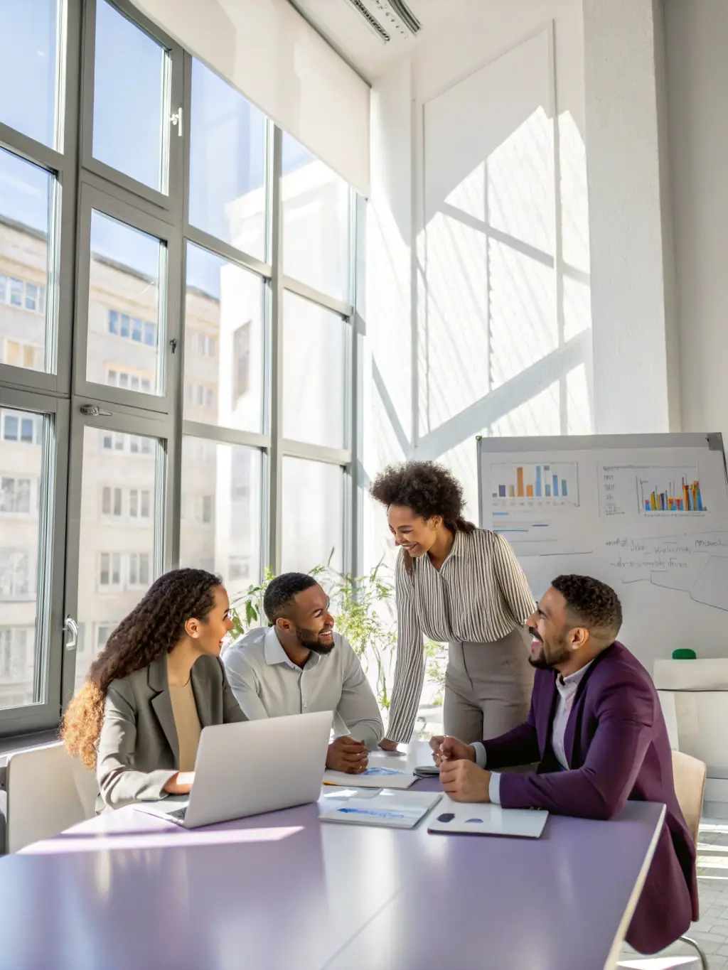 A diverse team of biotech professionals collaborating in a modern office space, symbolizing the benefit of attracting top talent.