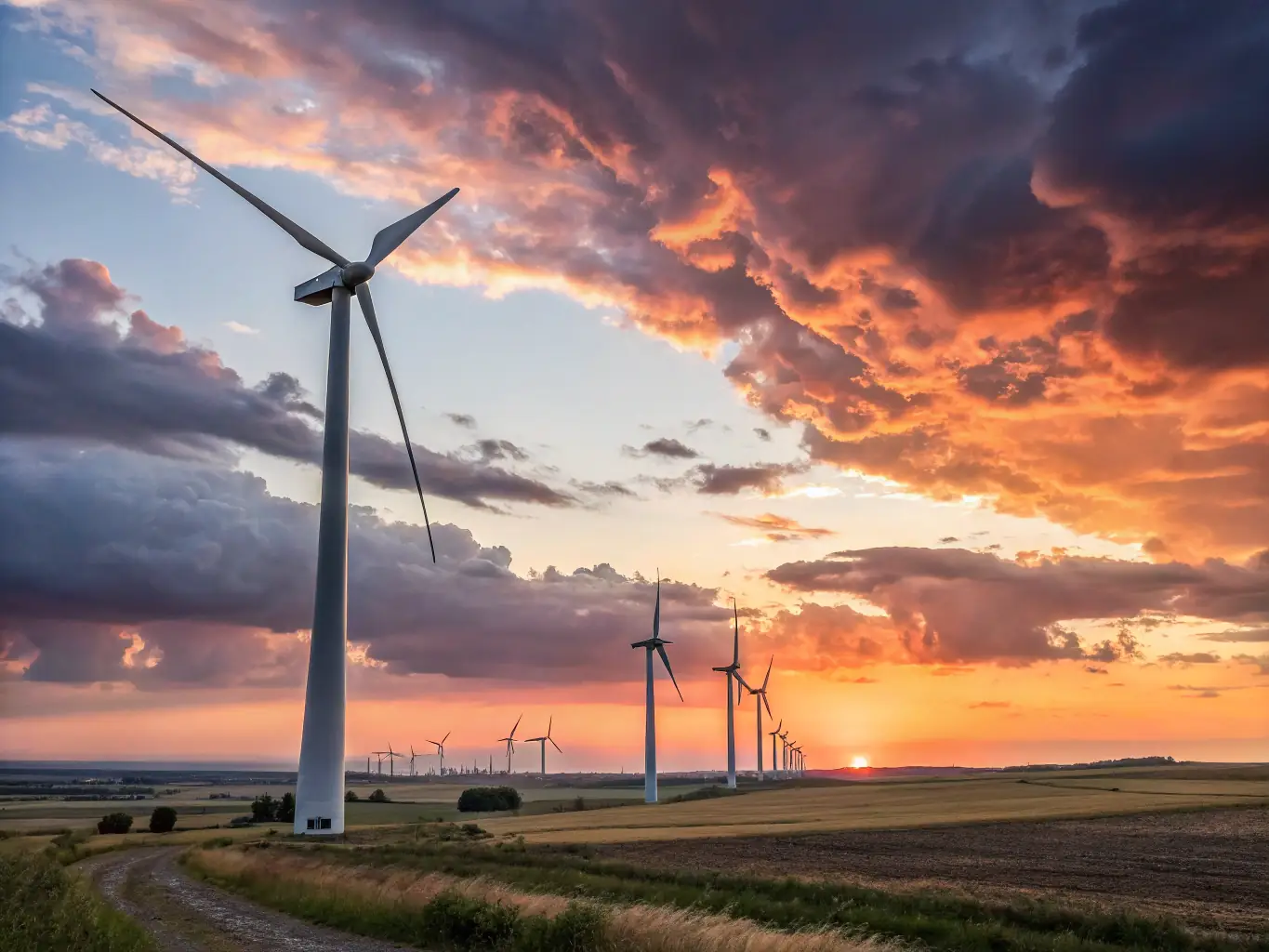 A dynamic image of a wind turbine farm at sunset, representing sustainable energy and growth.