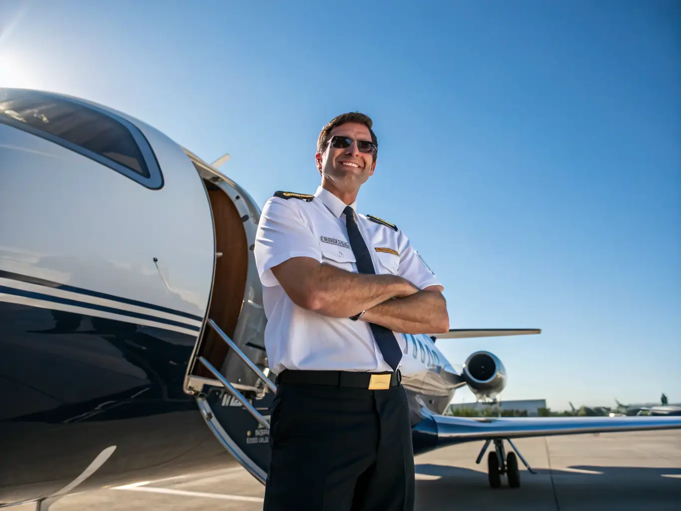 A professional pilot in uniform stands confidently in front of a modern private jet, symbolizing leadership and trust in the aviation industry.