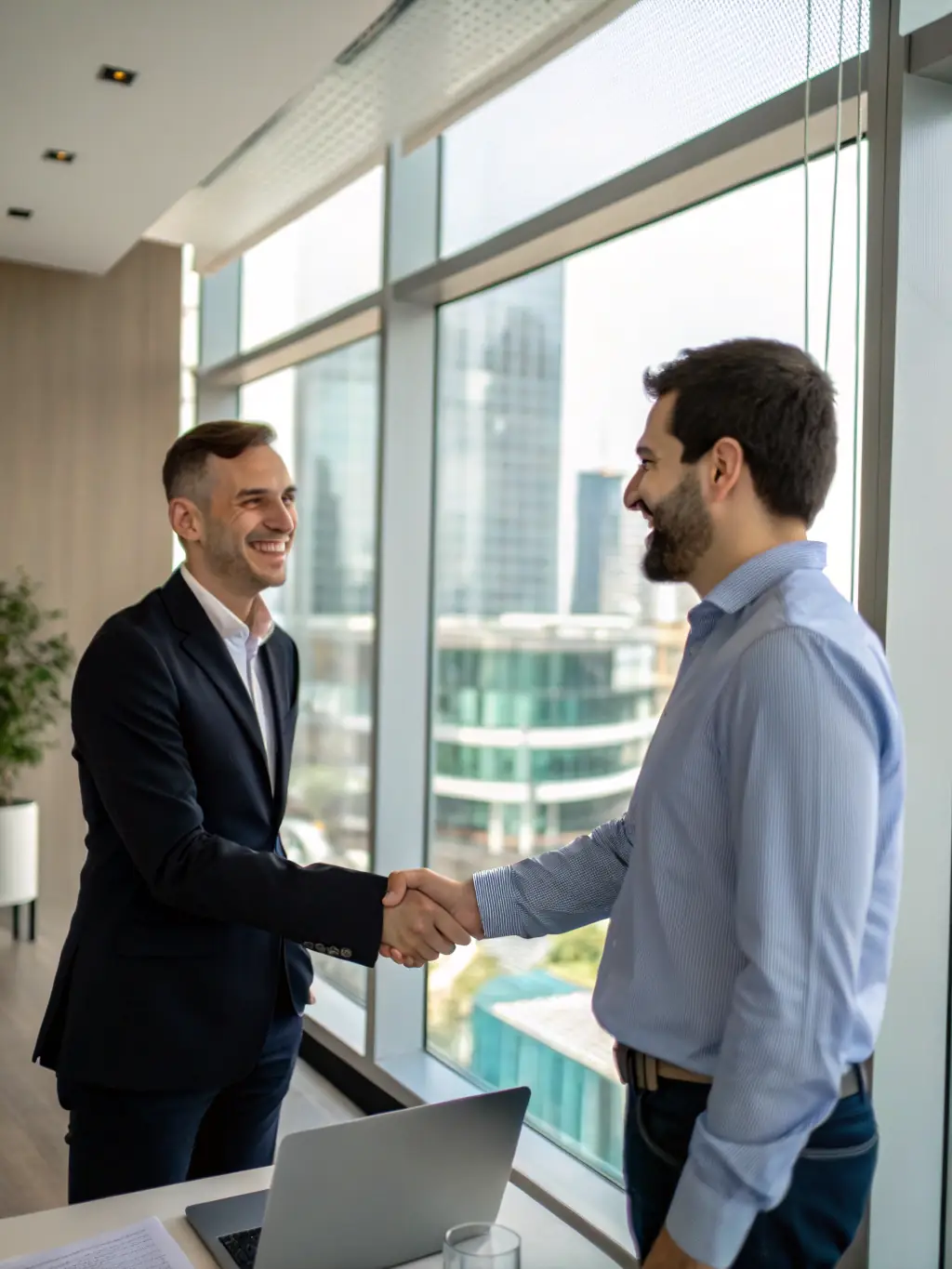 A professional photo of a financial advisor shaking hands with a casino owner, symbolizing a successful partnership and trust in OnDeckClone's services.