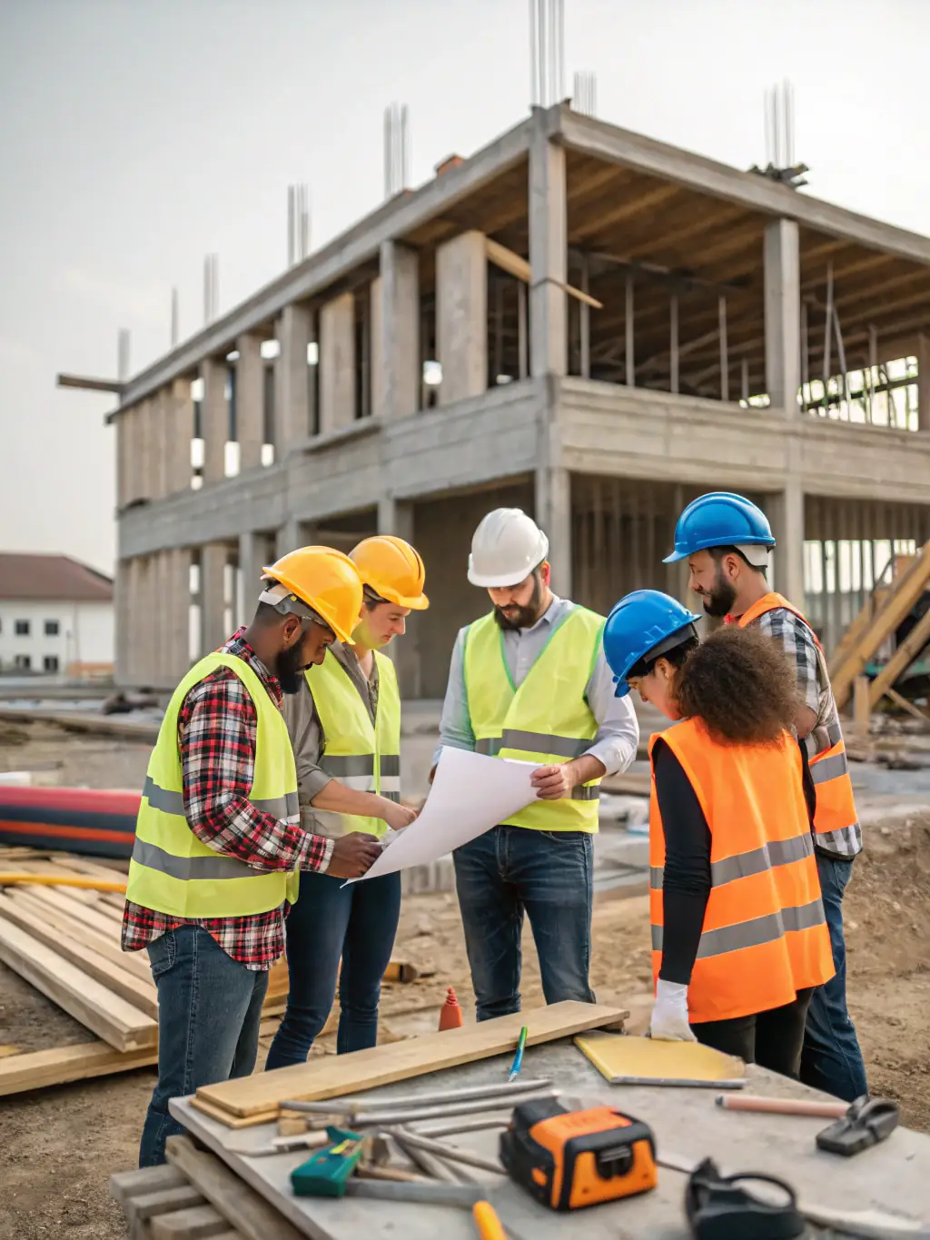 A diverse group of construction workers collaborating on a project, with modern rental equipment in the background, highlighting efficiency and teamwork.