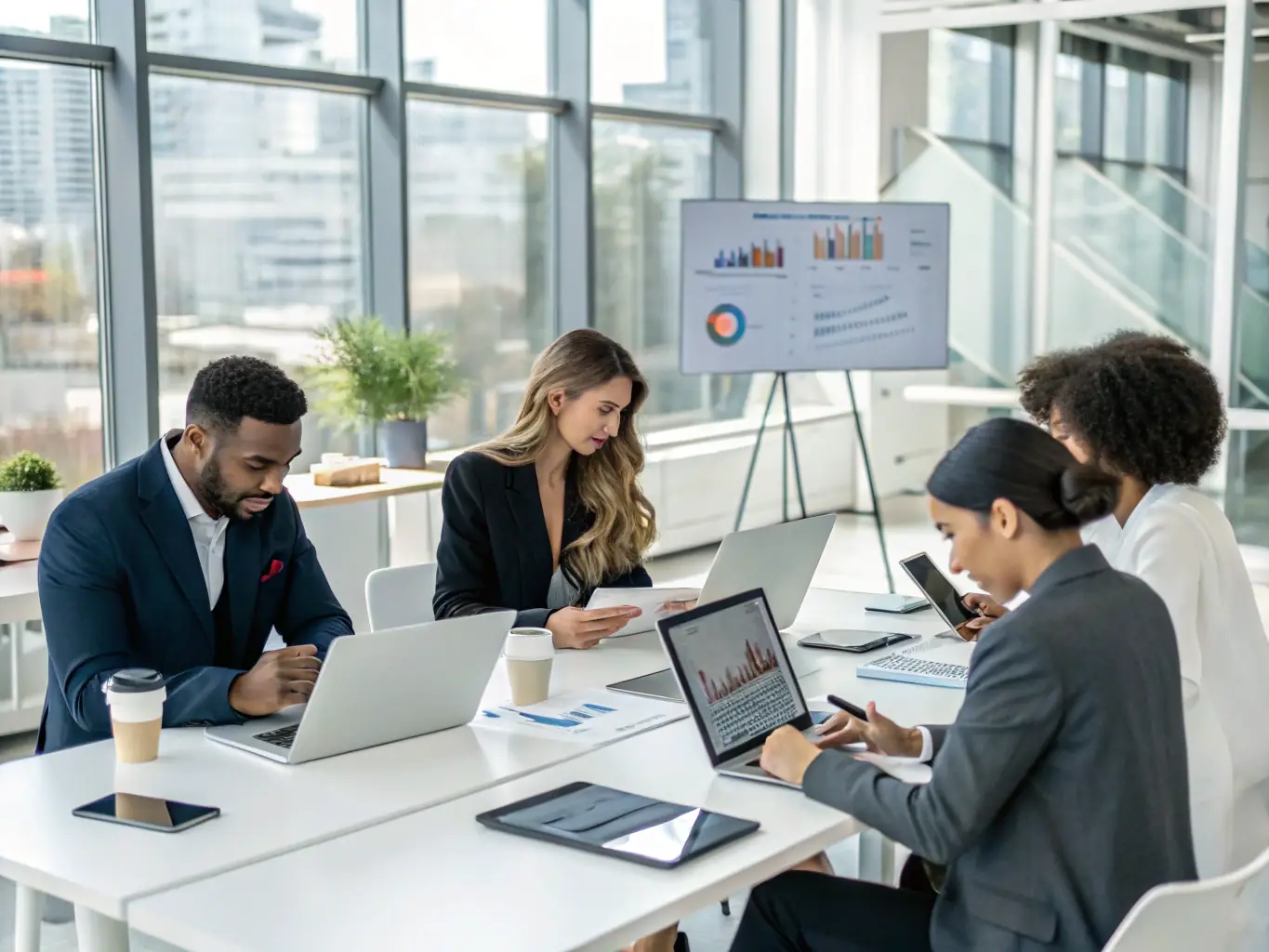 A vibrant, modern advertising agency office with creative teams brainstorming around a table, showcasing a collaborative and innovative environment, suitable for illustrating the type of advertising agencies Mulah funds.