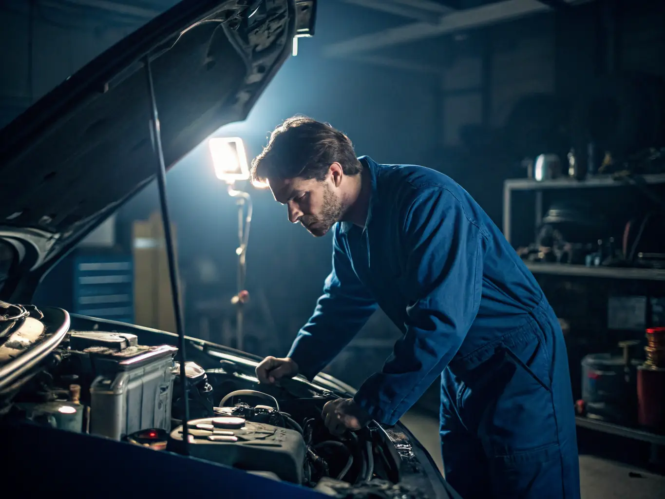 A brightly lit, modern auto repair shop with several service bays in operation. Mechanics are actively working on vehicles, showcasing a busy and efficient environment.