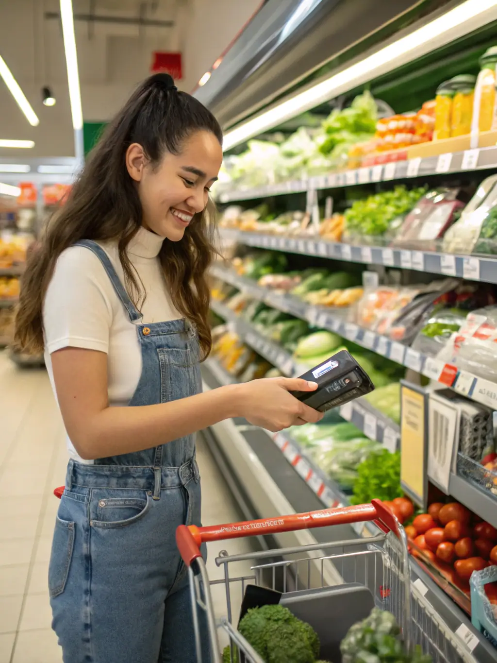 A happy customer selecting groceries in a modern, well-maintained grocery store, showcasing an improved shopping experience.