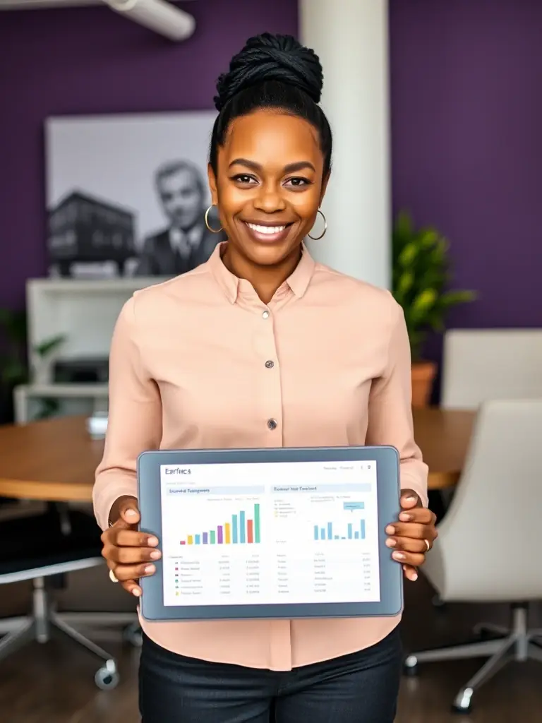 A sign language interpretation agency owner reviewing equipment financing options on a tablet, with a focus on upgrading their video conferencing setup.