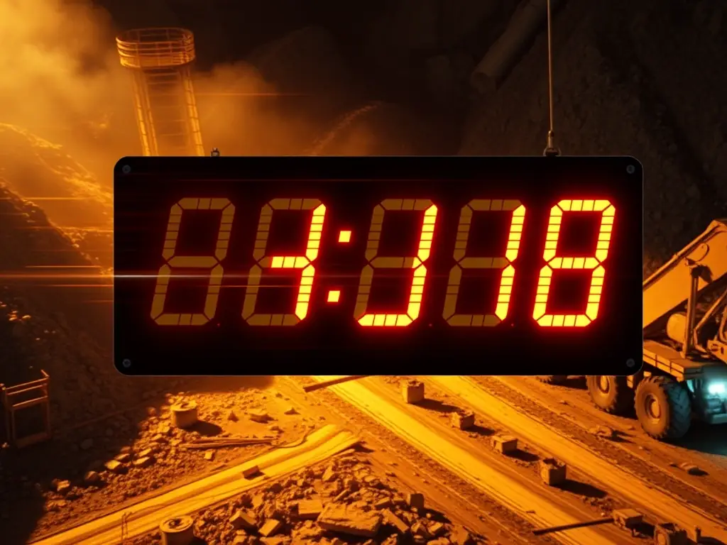 A digital timer showing a fast completion time, overlaid on an image of a mining operation in full swing, emphasizing fast approval times.