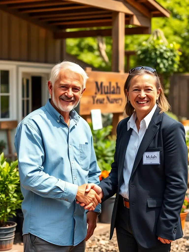 A nursery owner smiling and shaking hands with a Mulah representative, signifying partnership and support.